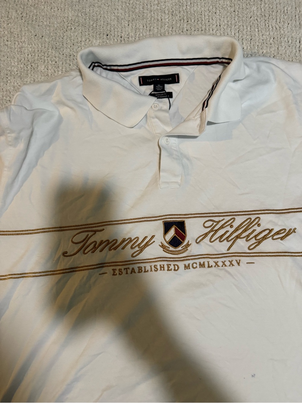 Tommy Hilfiger White Polo with Gold Script and Crest